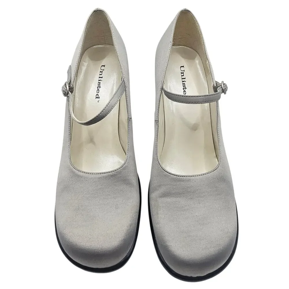 Unlisted Vintage Y2K Light Blue Gray Satin Mary Jane Flared Heels